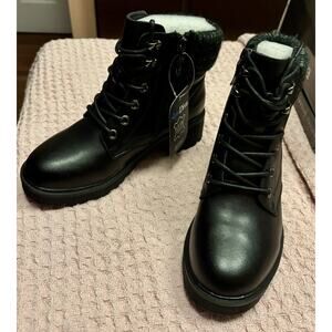 AquaDiva Britt Boots Womens 5.5 Black Combat Leather Zip Knit Cuff 36 EU NIB